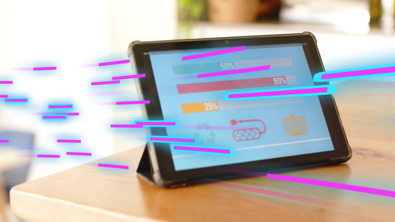 Neon magenta and cyan streaks sweeping across, tablet showing progress bars and highlighting status