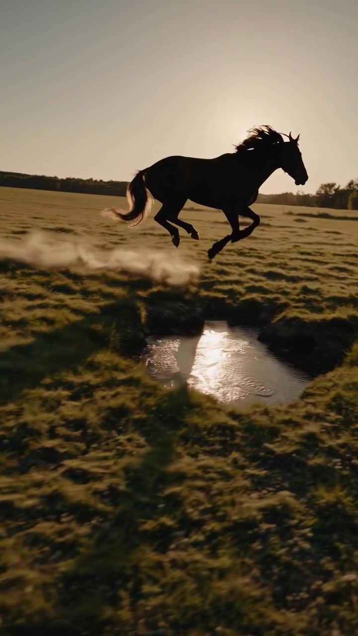 Majestætisk hest galoperer og springer over vand i slow motion ved solnedgang