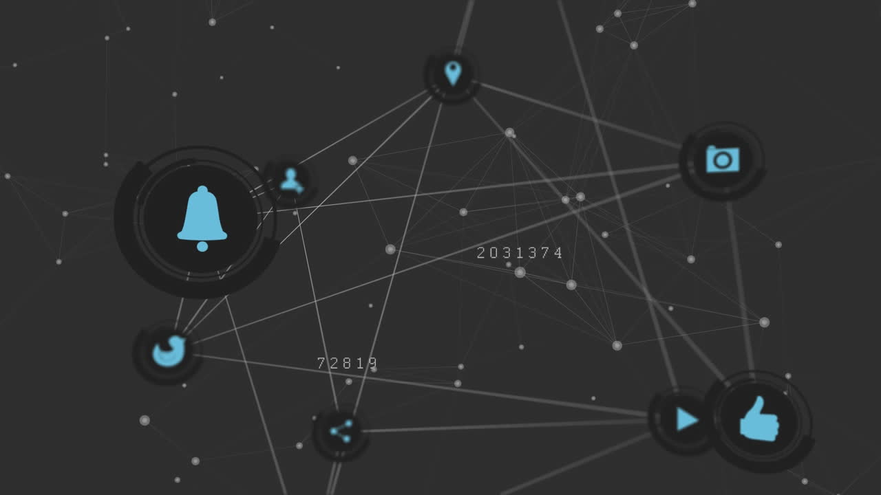 animación de una red de conexiones con iconos sociales y números crecientes