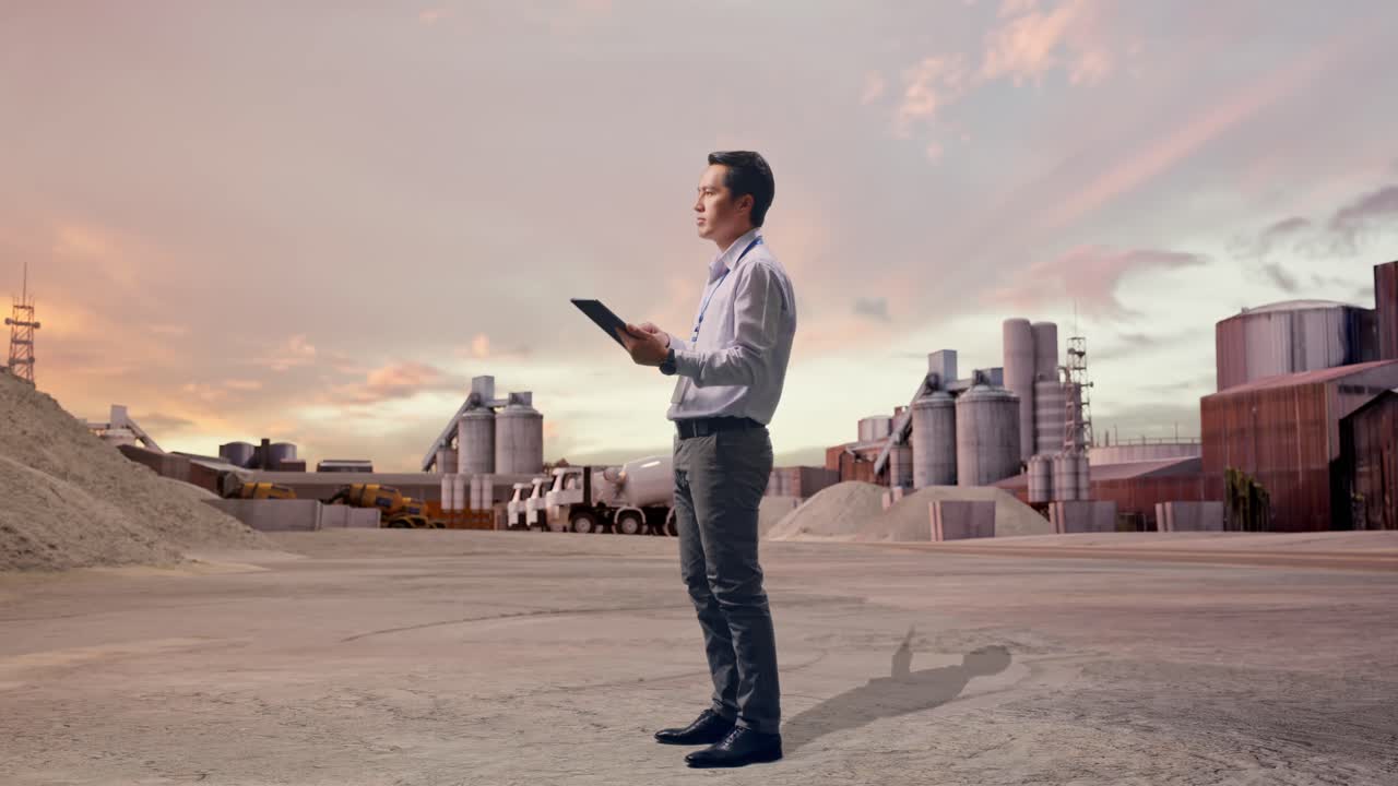 Vista lateral de cuerpo entero de un trabajador profesional asiático de pie con su tableta en una planta de cemento industrial al atardecer. Observa su entorno antes de concentrarse en su tableta.