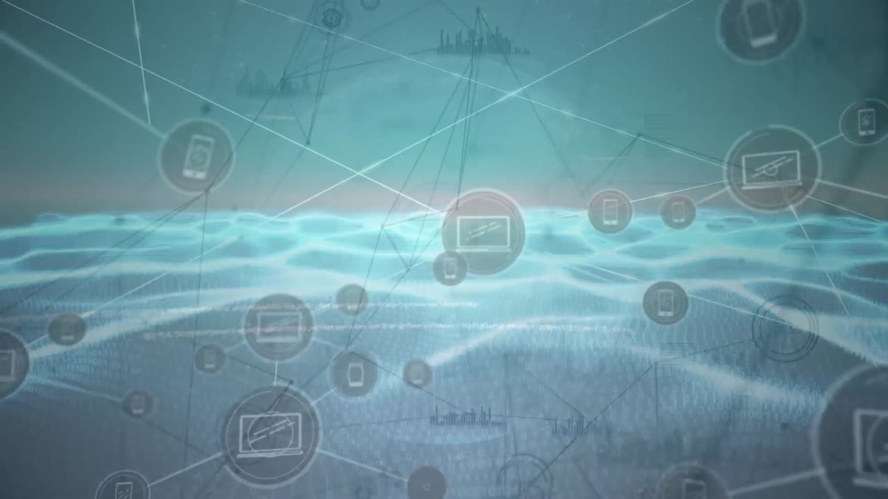 와이어프레임 풍경에서 점들을 연결하는 아이콘의 애니메이션, 디지털 인터페이스에서 데이터 처리