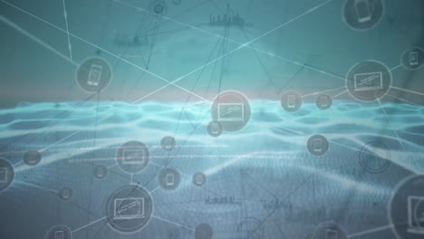 animación de iconos que conectan puntos a través del paisaje de wireframe, procesamiento de datos en la interfaz digital