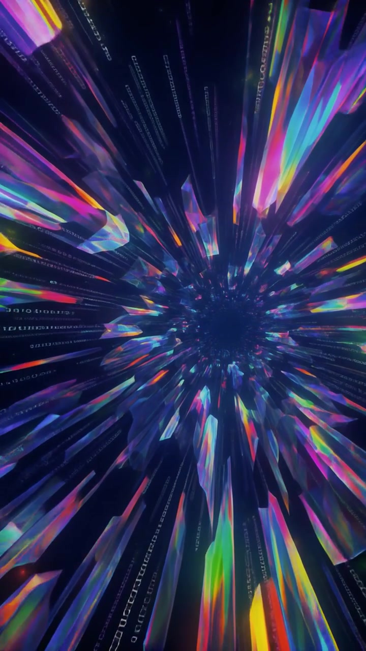 Tunnel Digitale Astratto con Forme Geometriche Iridescenti e Codice Binario