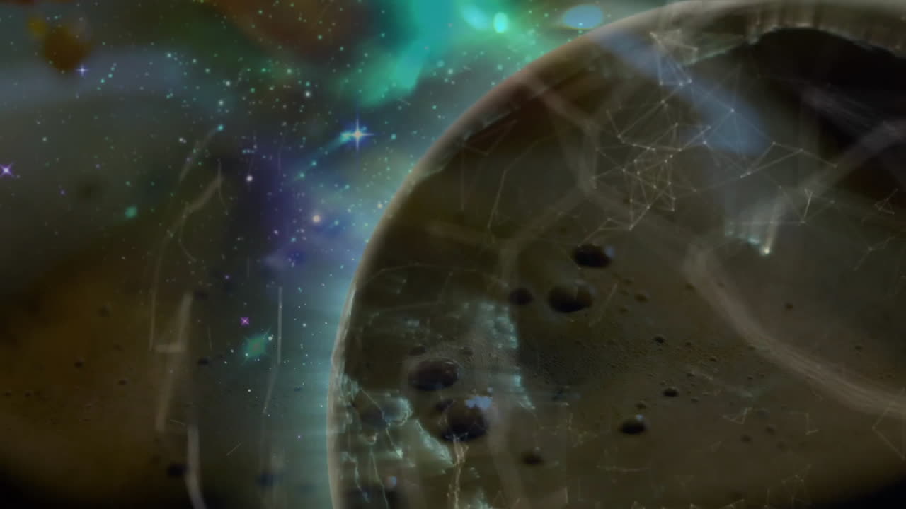 Planet-like sphere showing glowing network grid, cracking surface, drifting past stars and nebula