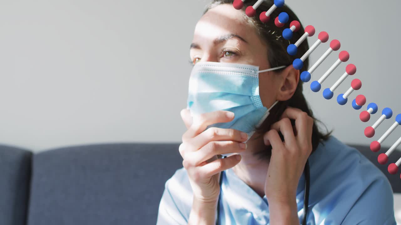 Nữ nhân viên y tế đang cầm khẩu trang, điều chỉnh ống nghe, dừng lại trên диван, chuỗi xoắn DNA đang phát xung bên cạnh cô ấy
