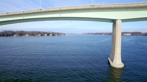 A-low-shot-approaching-a-bridge-and-flying-under-the-trestle-and-next-to-the-abutment