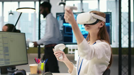 female technician wearing vr goggles coding with ai language model assistance