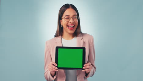 Business-woman,-smile-and-technology-with-green