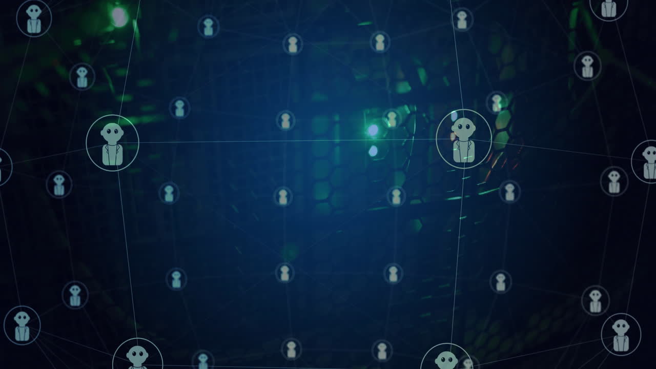 Animation of grid network of ai chatbot icons rotating over dark computer server room