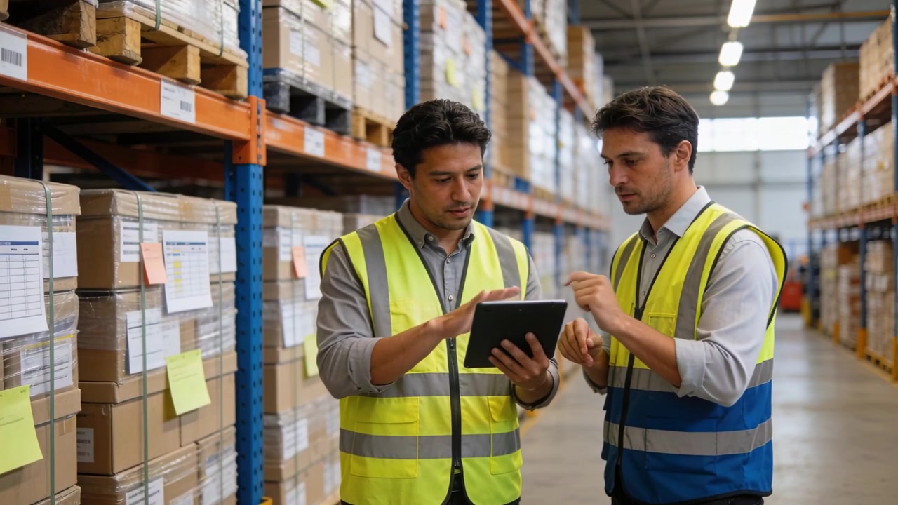 Pointing worker starting tablet check two workers verifying stock at warehouse aisle wearing vests
