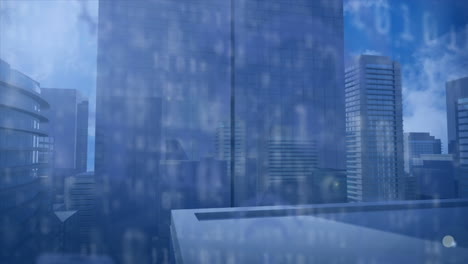 animación del procesamiento de datos e iconos sobre el paisaje urbano
