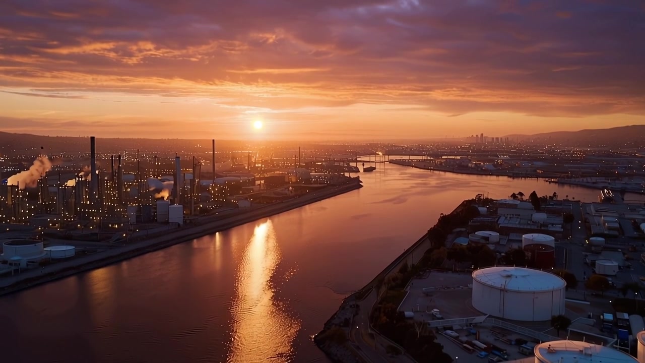 Vue aérienne d'un paysage industriel au coucher du soleil, mettant en évidence des réservoirs et des cheminées le long d'une rivière sereine avec des nuages vibrants se reflétant dans l'eau.