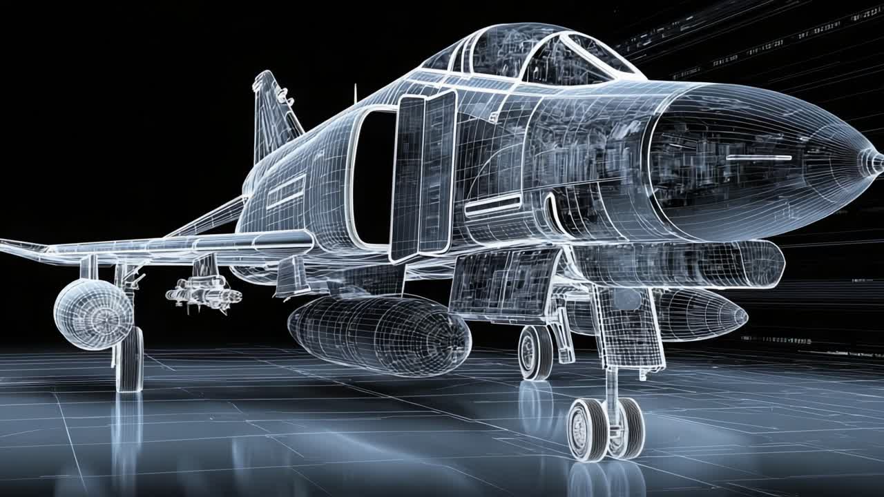 A Stunning Wireframe Representation of a Military Aircraft, Highlighting Its Detailed Structure and Advanced Technology in a Futuristic Digital Environment