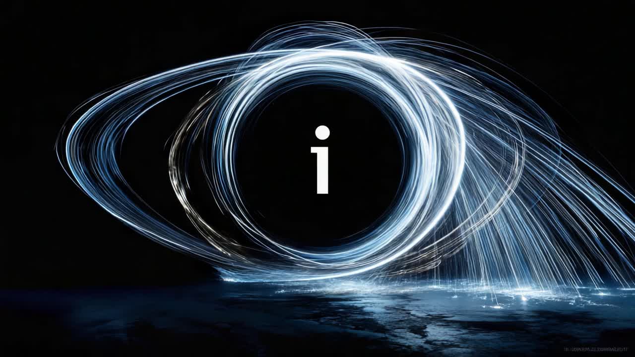Dynamic Light Trails Forming Circular Patterns with Central Symbol on Dark Background, Representing Information and Connectivity in a Modern Context