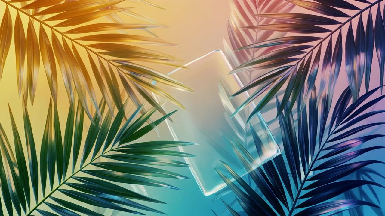 Forma di vetro astratta che fluttua tra foglie di palma tropicali