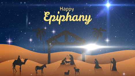animación del texto de la feliz epifanía sobre la nieve que cae y la escena de la natividad