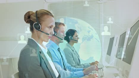 Animation-of-network-of-connections-and-globe-over-people-wearing-phone-headsets