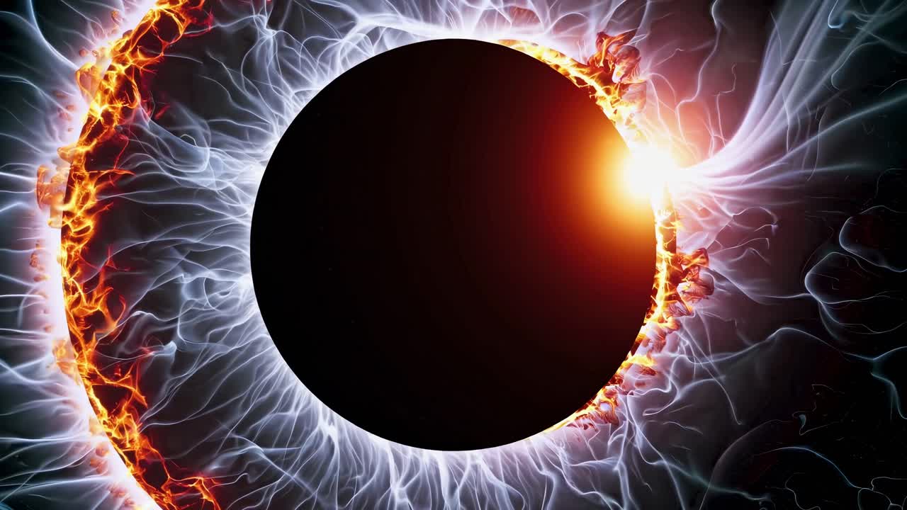 Aerial view of a fiery eclipse with dynamic energy waves, creating a dramatic and intense visual