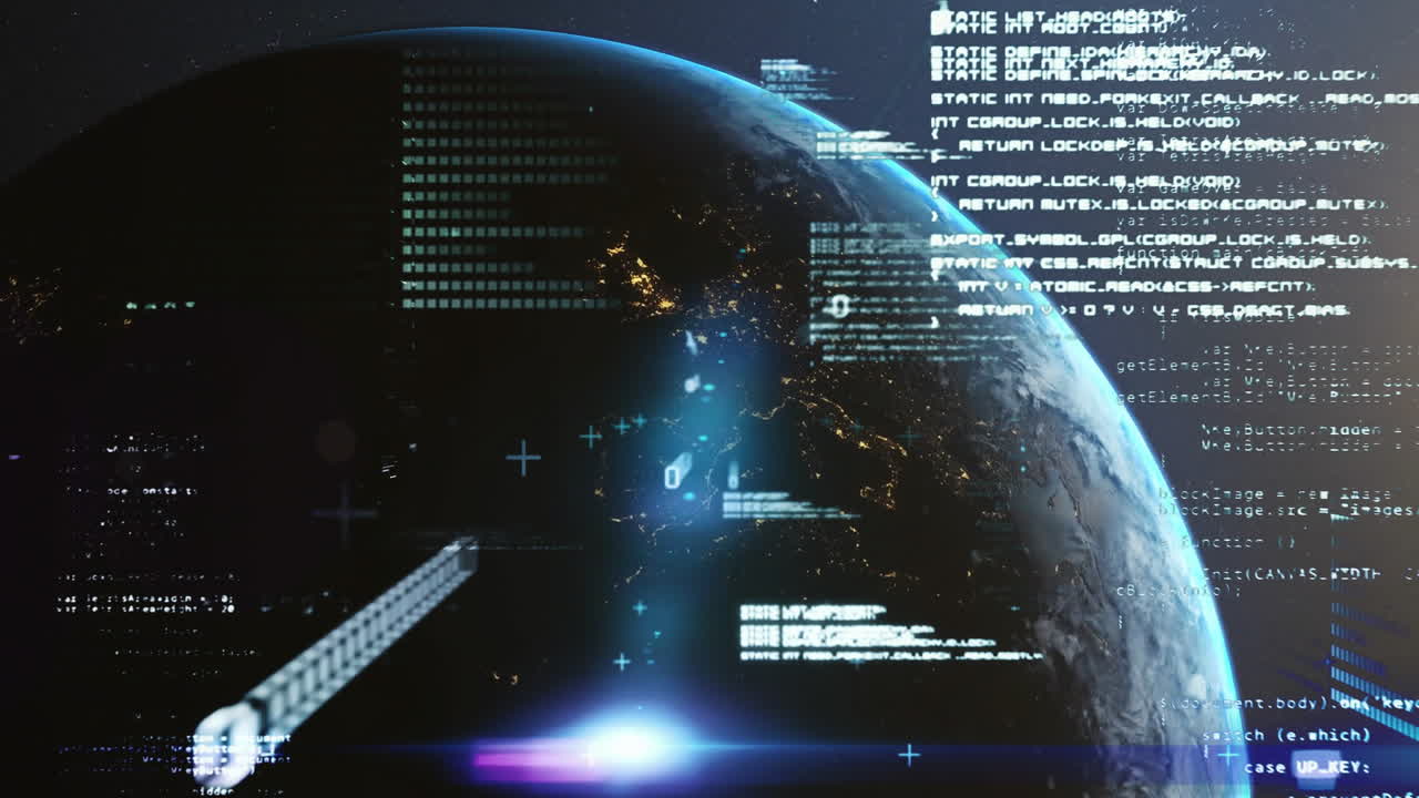 Earth with digital code and data processing animation over space background