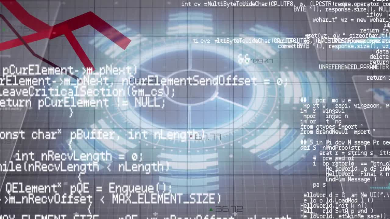 Animation of red lines, scope scanning and data processing on grey screens