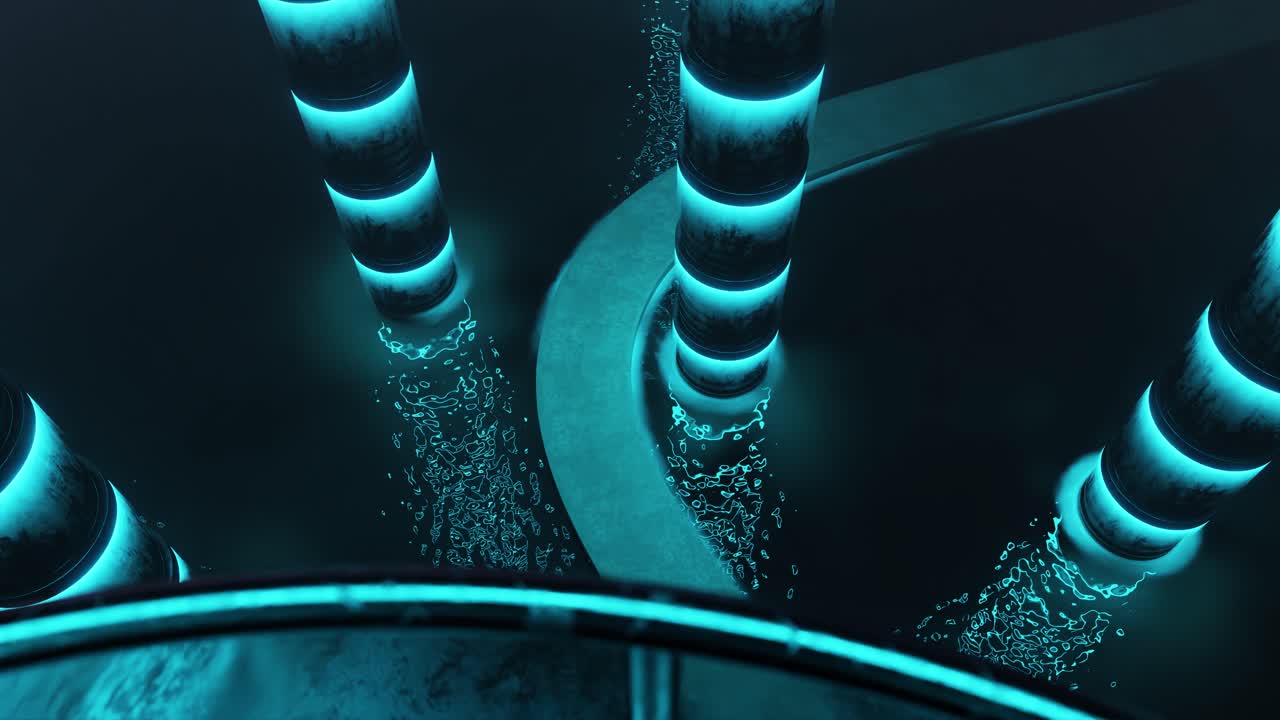 Skyscrapers with neon lights in sparkling starry night. 3d animation render