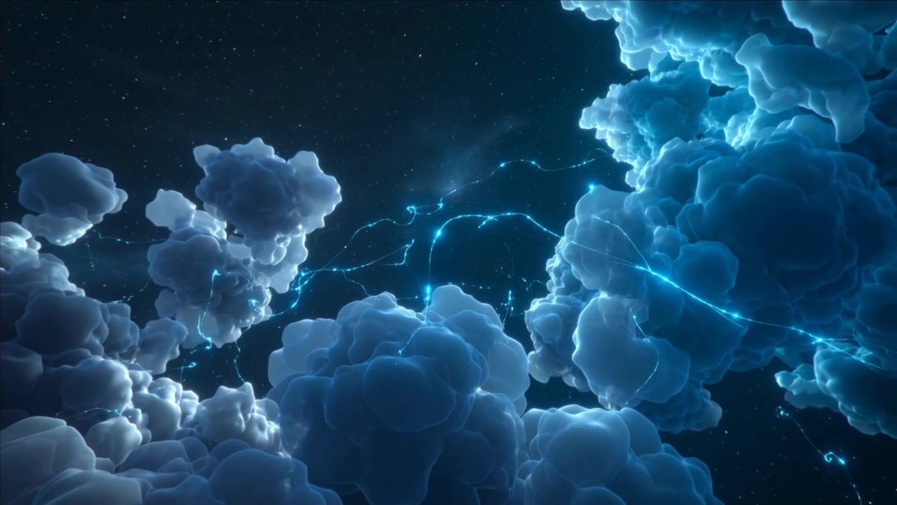 Un ammasso di nubi pulsante che invia filamenti ciano attraverso un campo stellare scuro, rivelando una massa più luminosa a destra.