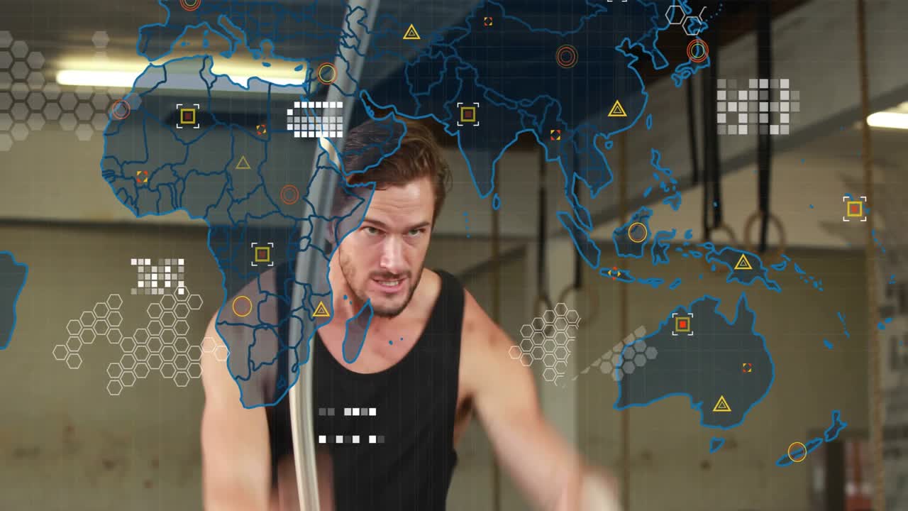 Man gripping rope and swinging, slamming for strength in gym, HUD map growing nodes obscuring face