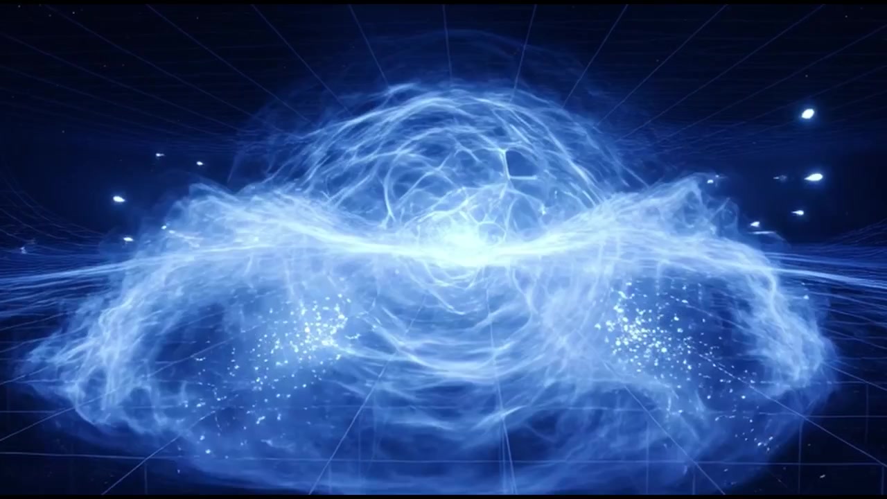 Nuvola di energia blu astratta che si espande su una griglia digitale.