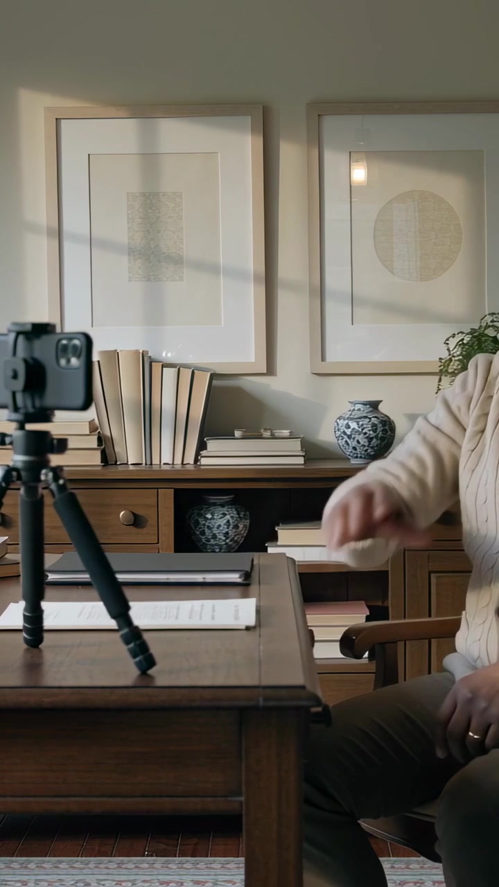 Video verticale: Anziano con maglione che posiziona il telefono sul treppiede, si sistema e saluta alla scrivania