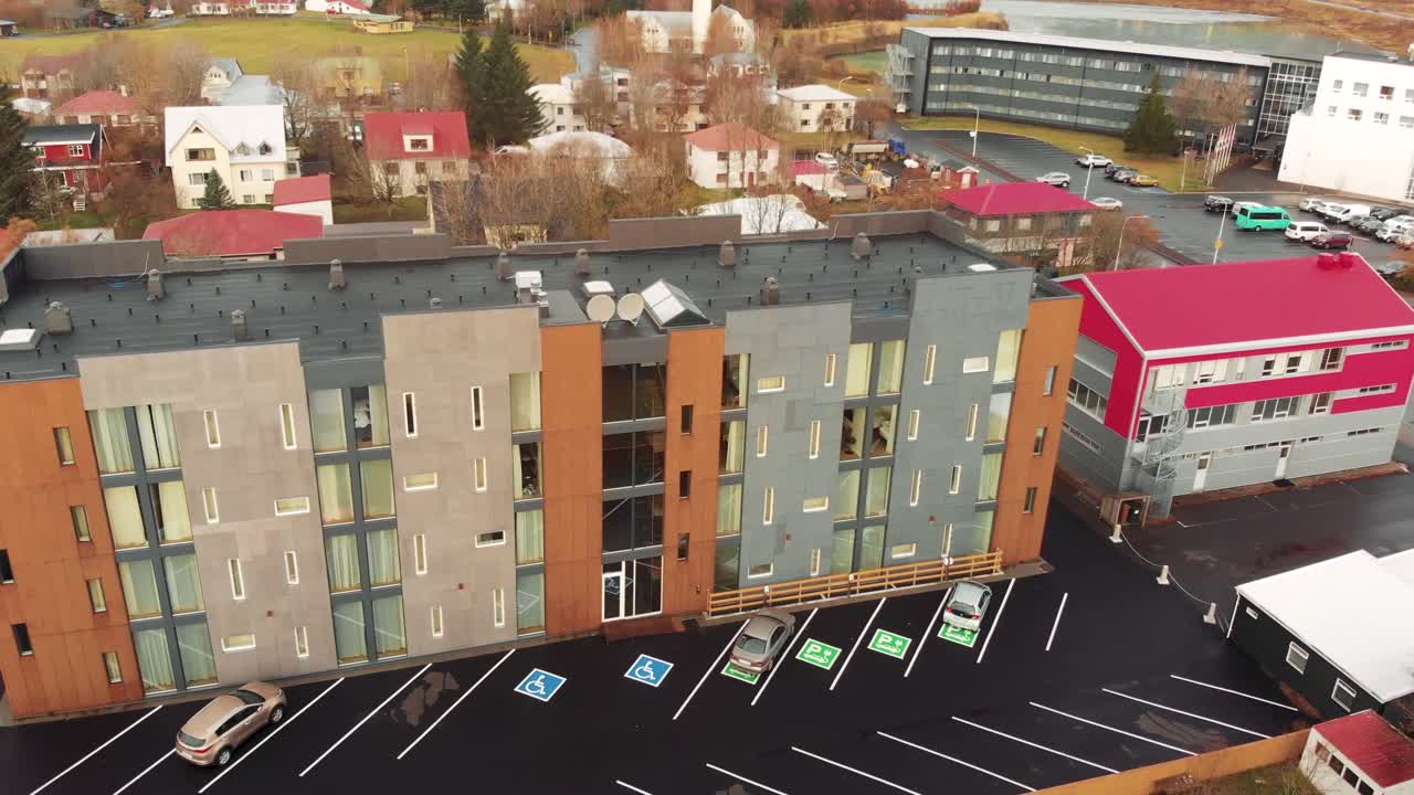 Bird Eye View of the Parking Lots and the Hotel Facade, Selfoss.