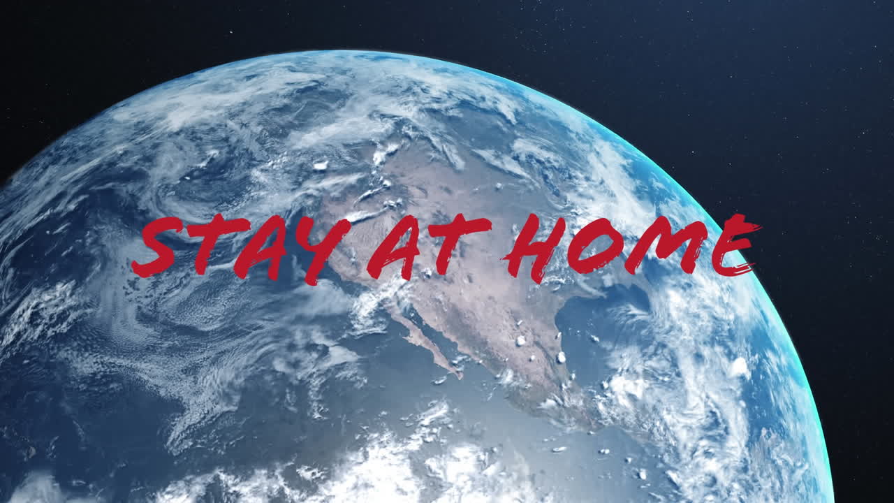quédese en casa y manténgase a salvo texto sobre el globo contra fondo azul