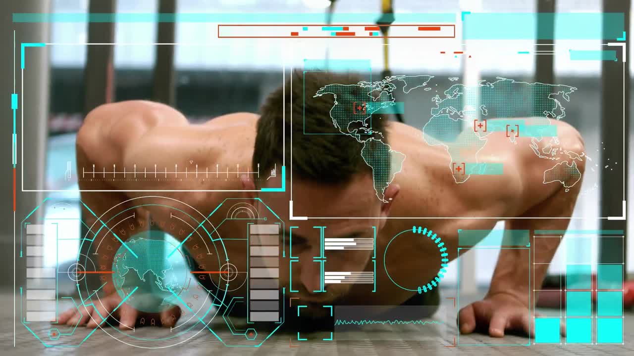 animación del procesamiento de datos y estadísticas sobre el ejercicio del hombre caucásico