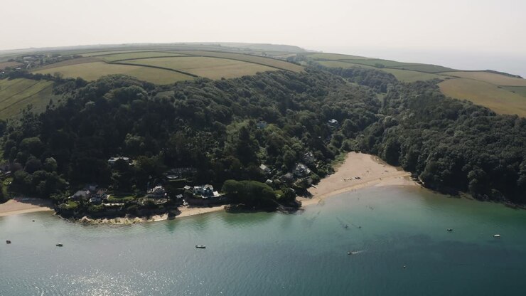 Aerial View Of Scenic Beaches In Salcombe, Devon, England - drone shot