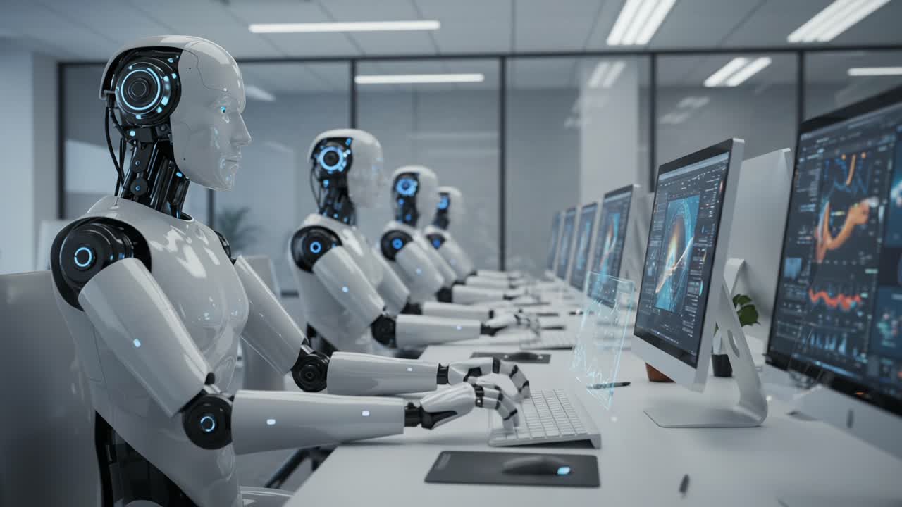 A Future-Driven Office with Advanced Robots Engaged in Complex Tasks at Computer Workstations, Showcasing Innovative AI Technology and Collaborative Automation