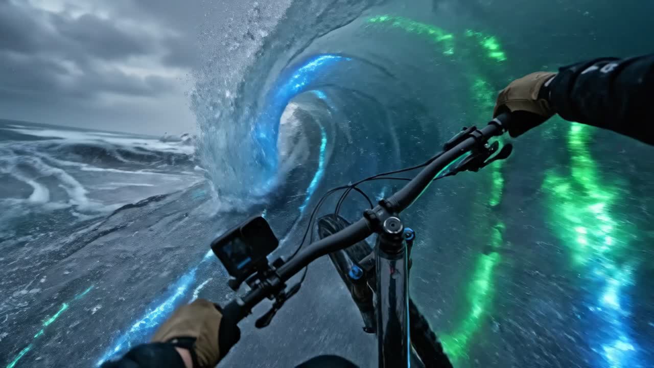 Förstapersonsperspektiv: Mountainbikecykling genom glödande isvågor