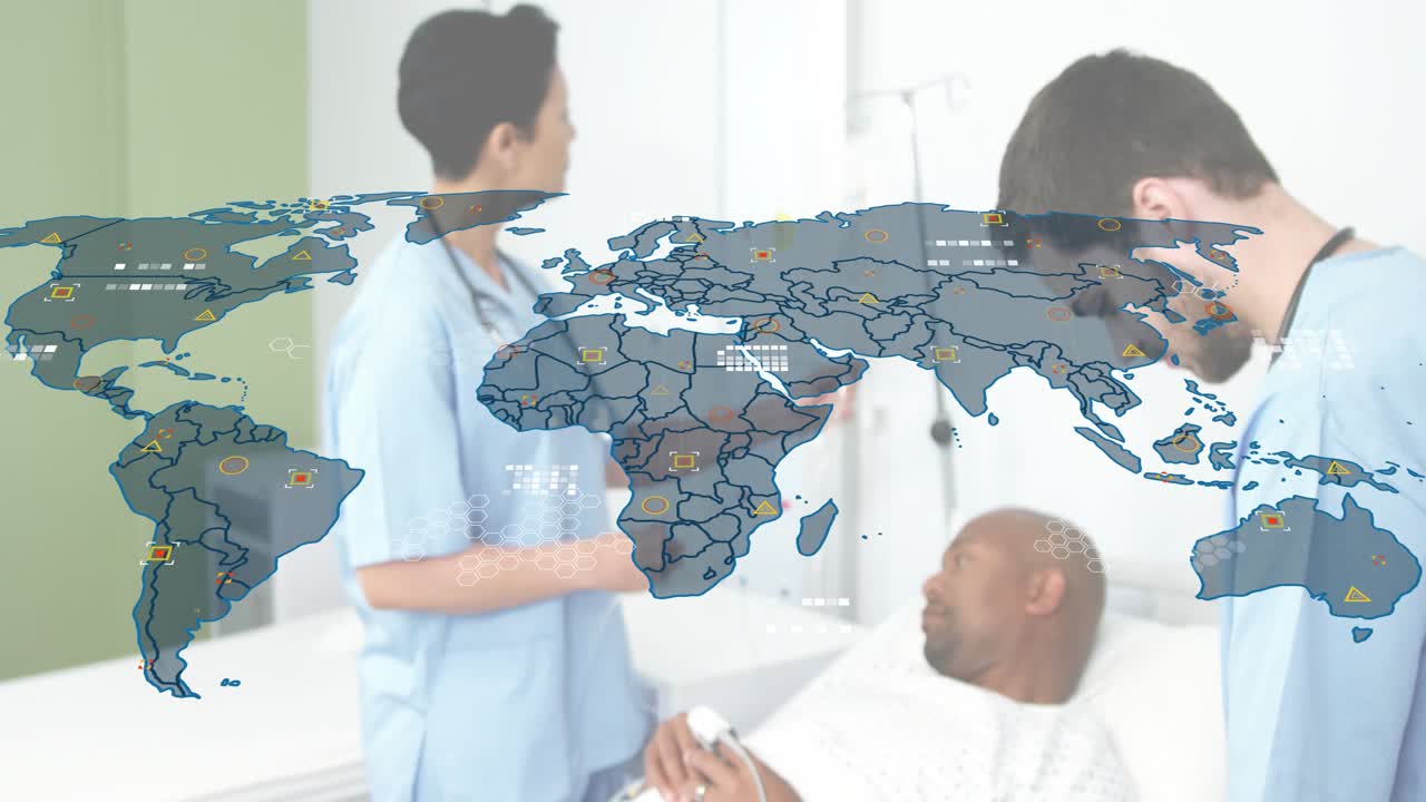 Clinician writing on clipboard, causing map overlay while pullback revealing staff treating patient