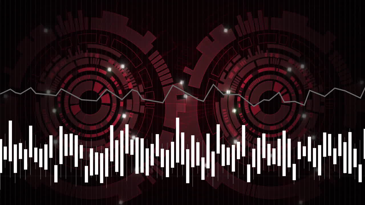 Audio waveform animation over red and black futuristic digital interface