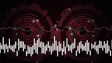 animación de forma de onda de audio sobre interfaz digital futurista roja y negra