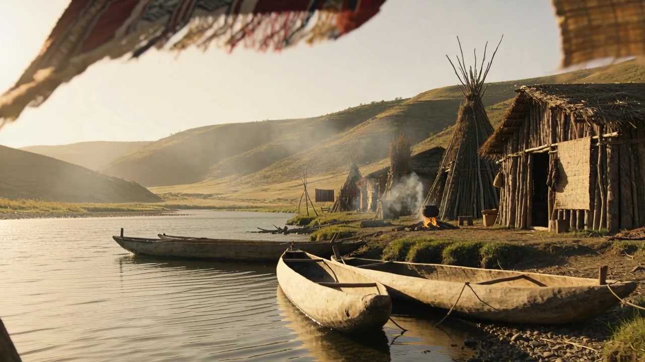 Blowing breeze moving woven rug revealing two wooden canoes beached on grassy shore, smoke drifting