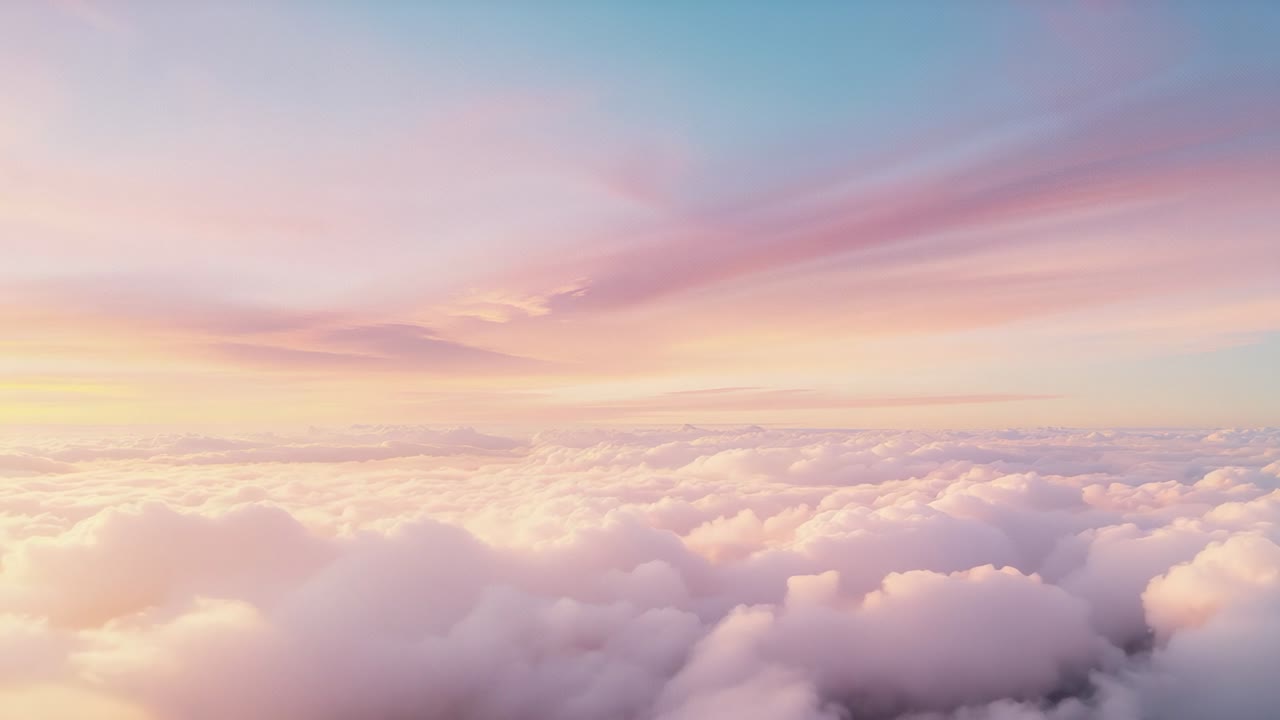 Sunrise light guiding camera over pastel-hued stratocumulus clouds under blue sky, capturing glow