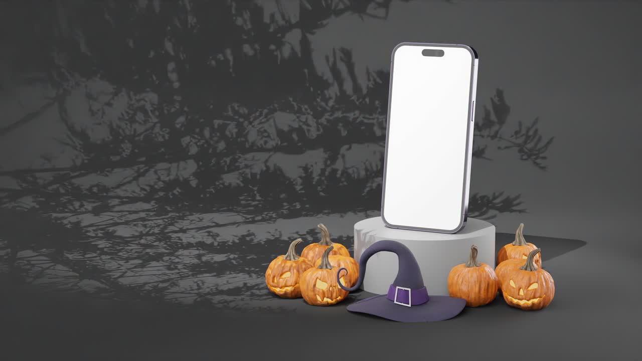 plantilla de copyspace en el teléfono inteligente en el podio en el fondo del paisaje de halloween