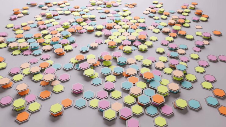 Pastel hexagonal token stacks spread across matte surface show visible shifting, changing height, spacing, and density, creating soft shadows, layered rhythm, and clean abstract design