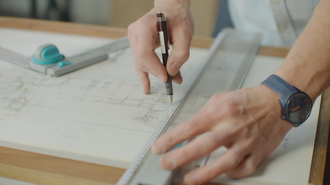инженер рисует здания на столе с помощью карандаша и линейки. архитектор создает проект здания на бумаге с помощью маркера и линейкі.