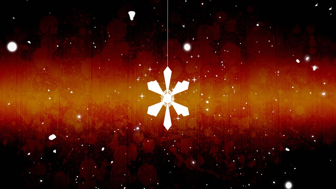 Animation of snowflake over glowing spots on black background