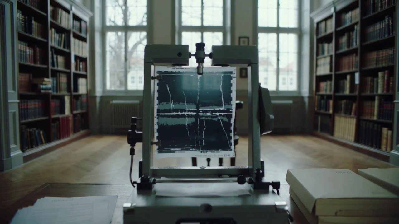 Kamera trækker sig tilbage og afslører en filmlæser på et bord i et arkiv, der viser mikrofilm til forskning.