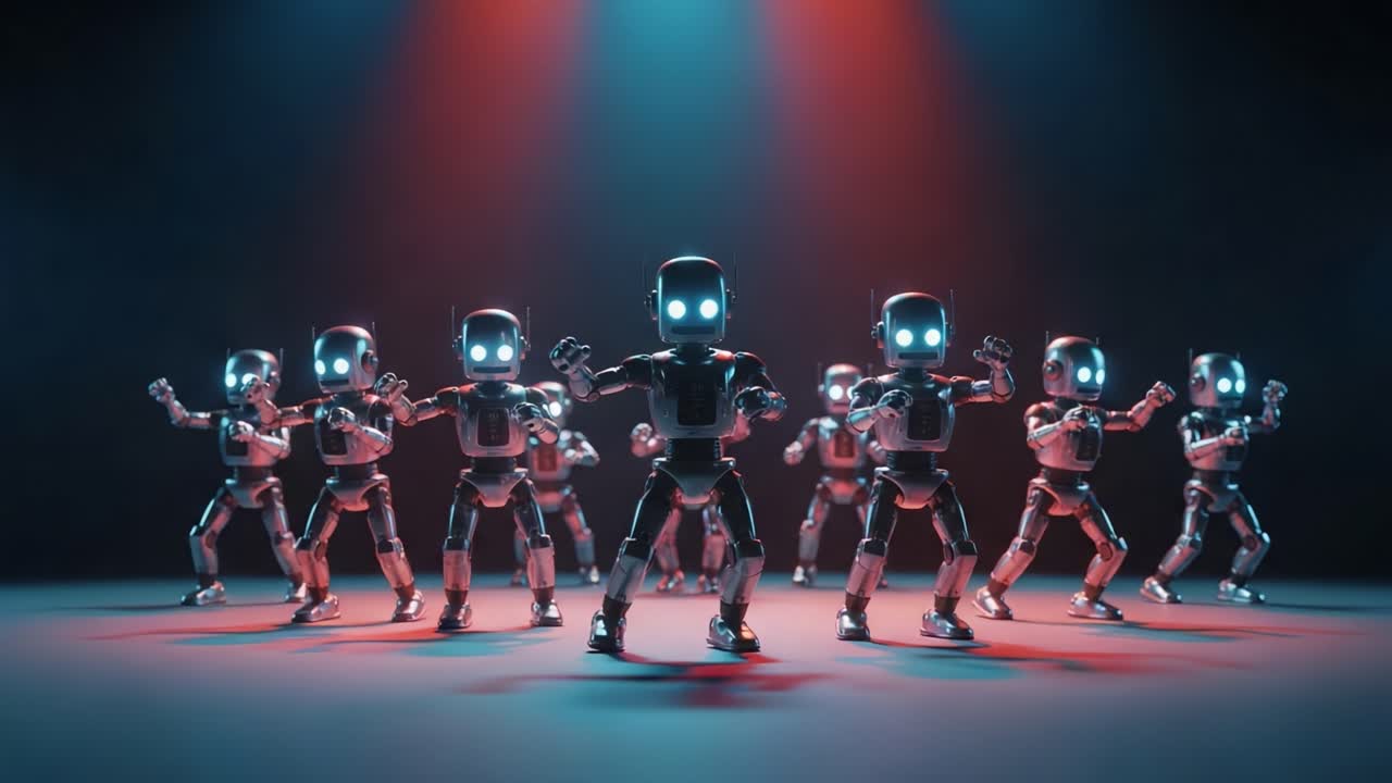 A Dynamic Performance of Dancing Robots in a Futuristic Setting, Showcasing Coordination, Rhythm, and Advanced Technology Under Vibrant Lighting
