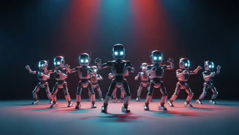 a dynamic performance of dancing robots in a futuristic setting, showcasing coordination, rhythm, and advanced technology under vibrant lighting