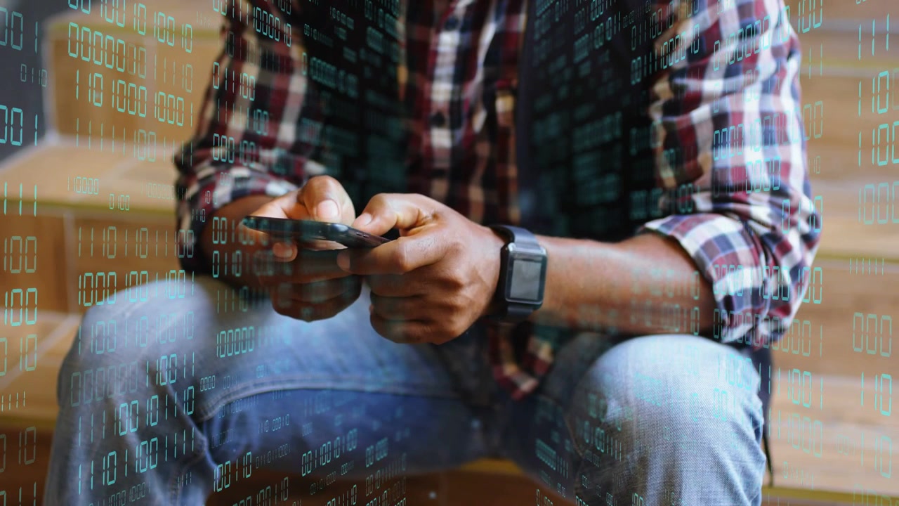 Mature man tapping smartphone on wooden steps, initiating binary overlay and showing data flow