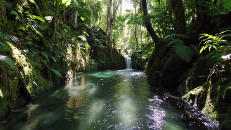 serene tropical waterfall in a lush jungle