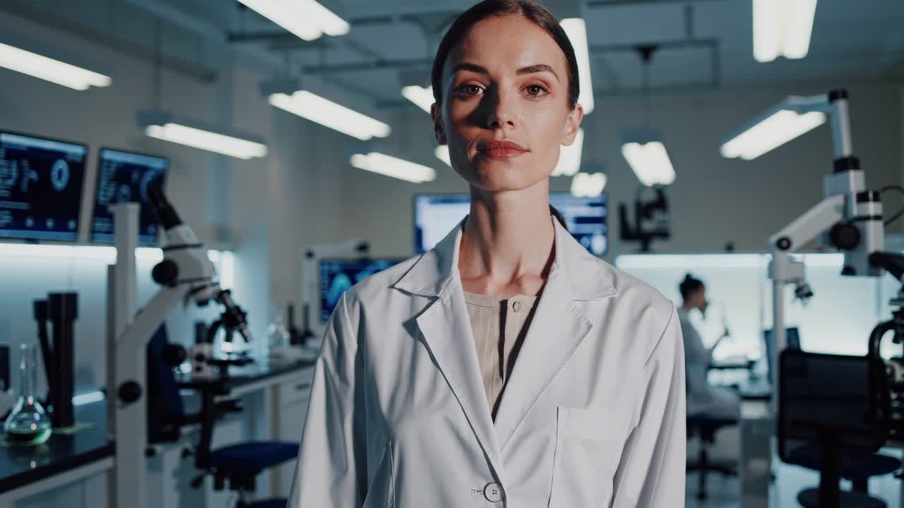 científica profesional con bata de laboratorio posando en un laboratorio moderno con microscopios, computadoras y otros equipos, sus colegas trabajando en el fondo